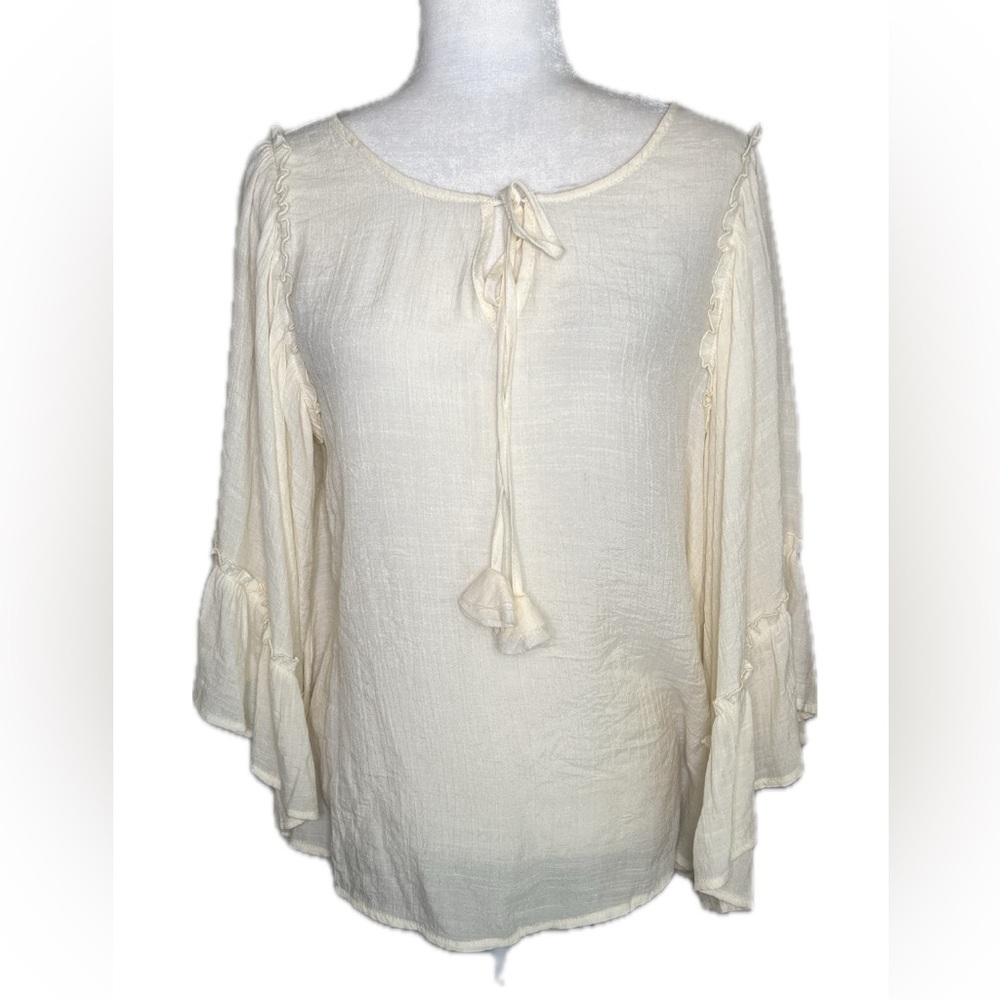 Les Soers Semi Sheer Beige Cream Tie Front Peasant Blouse Bell Sleeves Medium - Picture 2 of 8